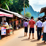 ** A vibrant and bustling street scene in Laos. Focus on a local market with vendors selling SIM cards from various operators like Unitel, Lao Telecom, and Beeline. Show tourists and locals comparing different data plans. Highlight the affordability and accessibility of the local SIM cards.

**