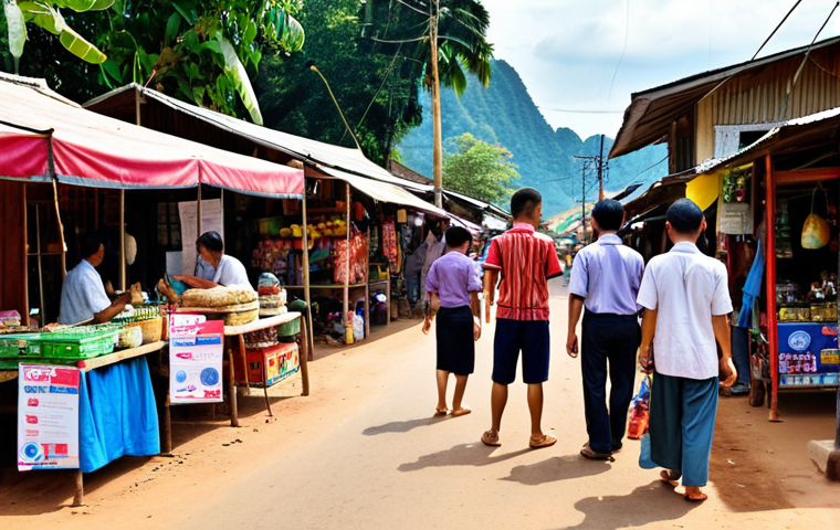 ** A vibrant and bustling street scene in Laos. Focus on a local market with vendors selling SIM cards from various operators like Unitel, Lao Telecom, and Beeline. Show tourists and locals comparing different data plans. Highlight the affordability and accessibility of the local SIM cards.
**