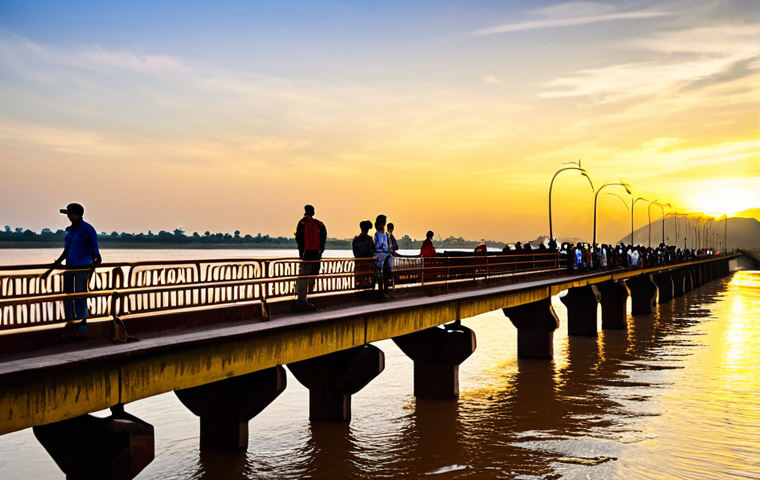 **

"A scenic view of the Pakse Bridge over the Mekong River at sunset, fully clothed tourists are admiring the golden water. Safe for work, appropriate content, professional photography, natural proportions, high quality, family-friendly. Include modest attire."

**
