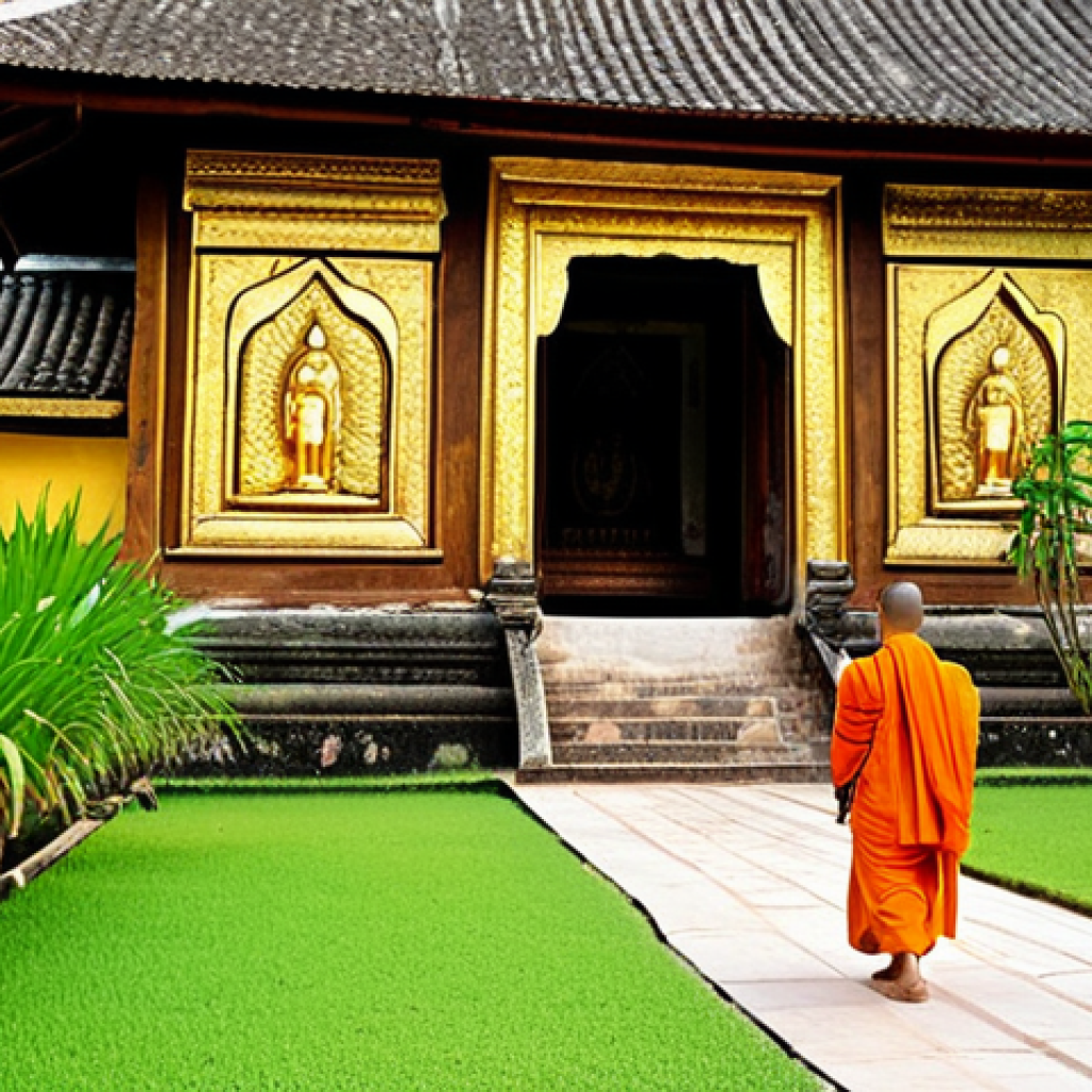 **Luang Prabang Temple Scene:** "A serene view of Wat Xieng Thong in Luang Prabang, Laos. Golden carvings adorn the temple walls, with monks in orange robes walking peacefully. Lush greenery surrounds the temple complex. Fully clothed, appropriate attire, safe for work, perfect anatomy, natural proportions, professional photography, high quality, family-friendly."
