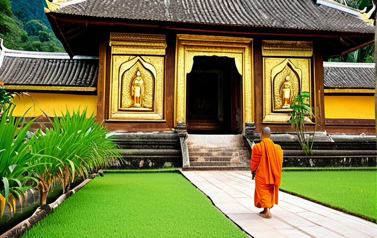 **Luang Prabang Temple Scene:** "A serene view of Wat Xieng Thong in Luang Prabang, Laos. Golden carvings adorn the temple walls, with monks in orange robes walking peacefully. Lush greenery surrounds the temple complex. Fully clothed, appropriate attire, safe for work, perfect anatomy, natural proportions, professional photography, high quality, family-friendly."