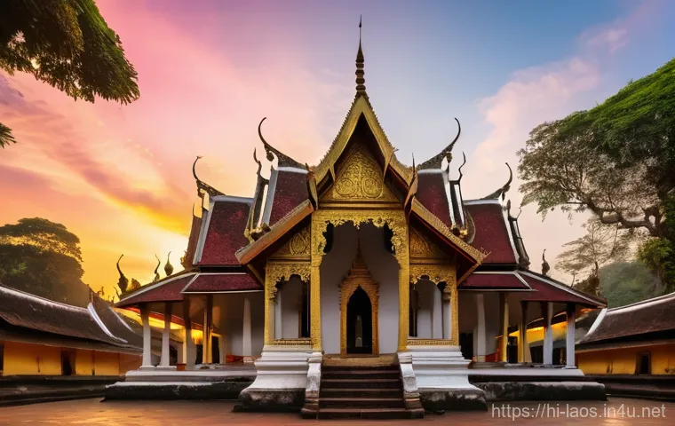라오스 불교 사원 - Image Prompt 1: The Golden Serenity of Wat Xieng Thong at Dawn**