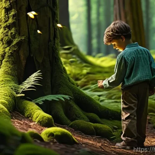 라오스와 국제 원조 - **Prompt 1: Enchanted Forest Discovery**
    "A young boy, approximately 8 years old, with bright, c...