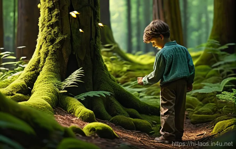 라오스와 국제 원조 - **Prompt 1: Enchanted Forest Discovery**
    "A young boy, approximately 8 years old, with bright, c...