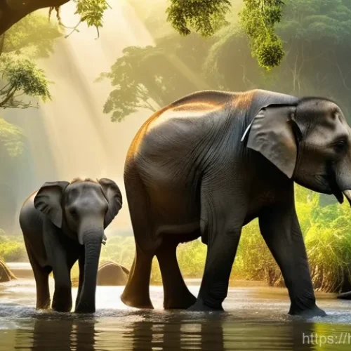 라오스 야생 동물 - **A Majestic Asian Elephant Family in a Lush Laotian Jungle.**
    A highly detailed, realistic imag...