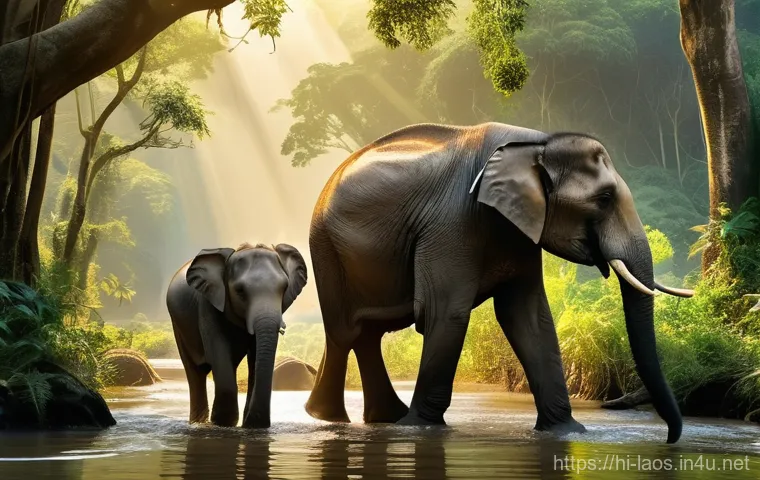 라오스 야생 동물 - **A Majestic Asian Elephant Family in a Lush Laotian Jungle.**
    A highly detailed, realistic imag...