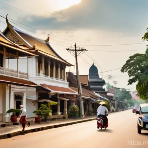 라오스에서 배우는 명상 - **Prompt:** A serene and calm atmosphere in Vientiane, Laos. The image features a quiet street scene...