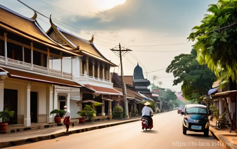 라오스에서 배우는 명상 - **Prompt:** A serene and calm atmosphere in Vientiane, Laos. The image features a quiet street scene...