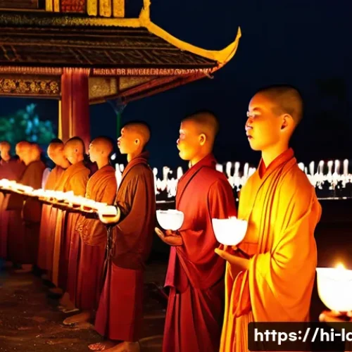 라오스 전통 의례 - **A serene and vibrant depiction of the Buddha Purnima festival in Laos at dusk.** Thousands of lit ...