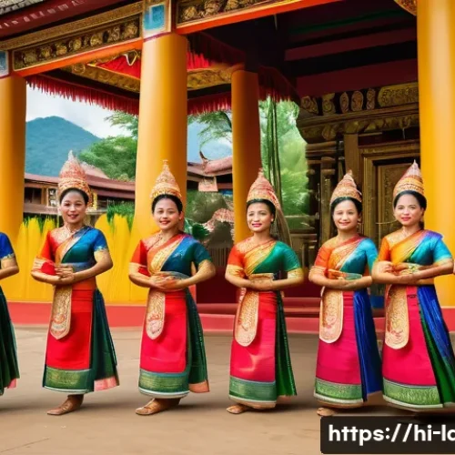 라오스 명절 문화 - A vibrant Lao festival scene featuring a group of people joyfully performing traditional folk dances...
