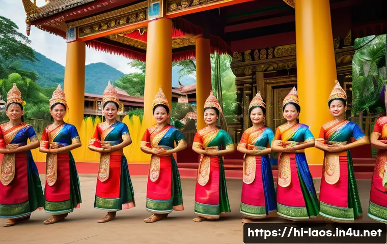라오스 명절 문화 - A vibrant Lao festival scene featuring a group of people joyfully performing traditional folk dances...
