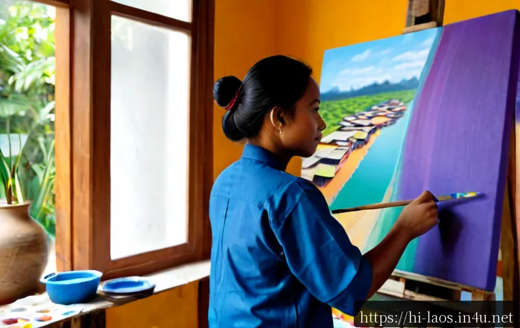 라오스 현대 예술가 - Photorealistic portrait of a contemporary Lao visual artist in a bright Vientiane studio, thoughtful...