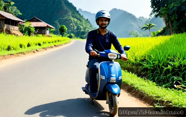 라오스의 오토바이 타는 법 - Photorealistic travel safety scene in Laos, a confident adult Indian traveler wearing a certified he...