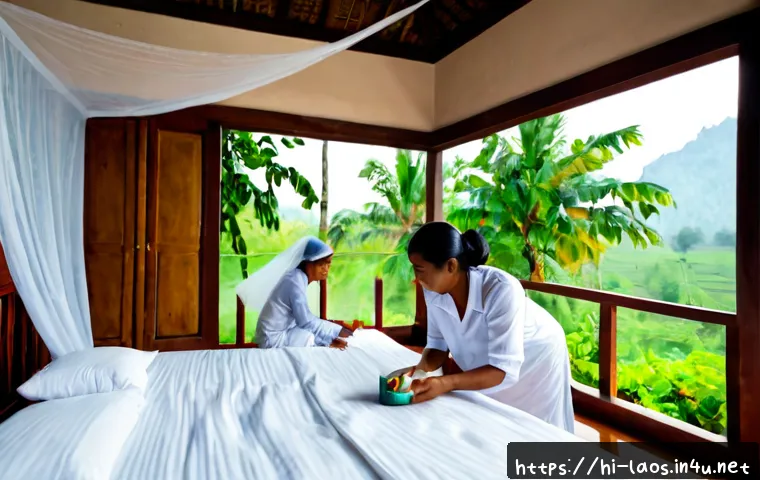라오스에서 주의해야 할 질병 - Photorealistic travel health scene in Laos, an Indian family wearing light long-sleeved clothing app...